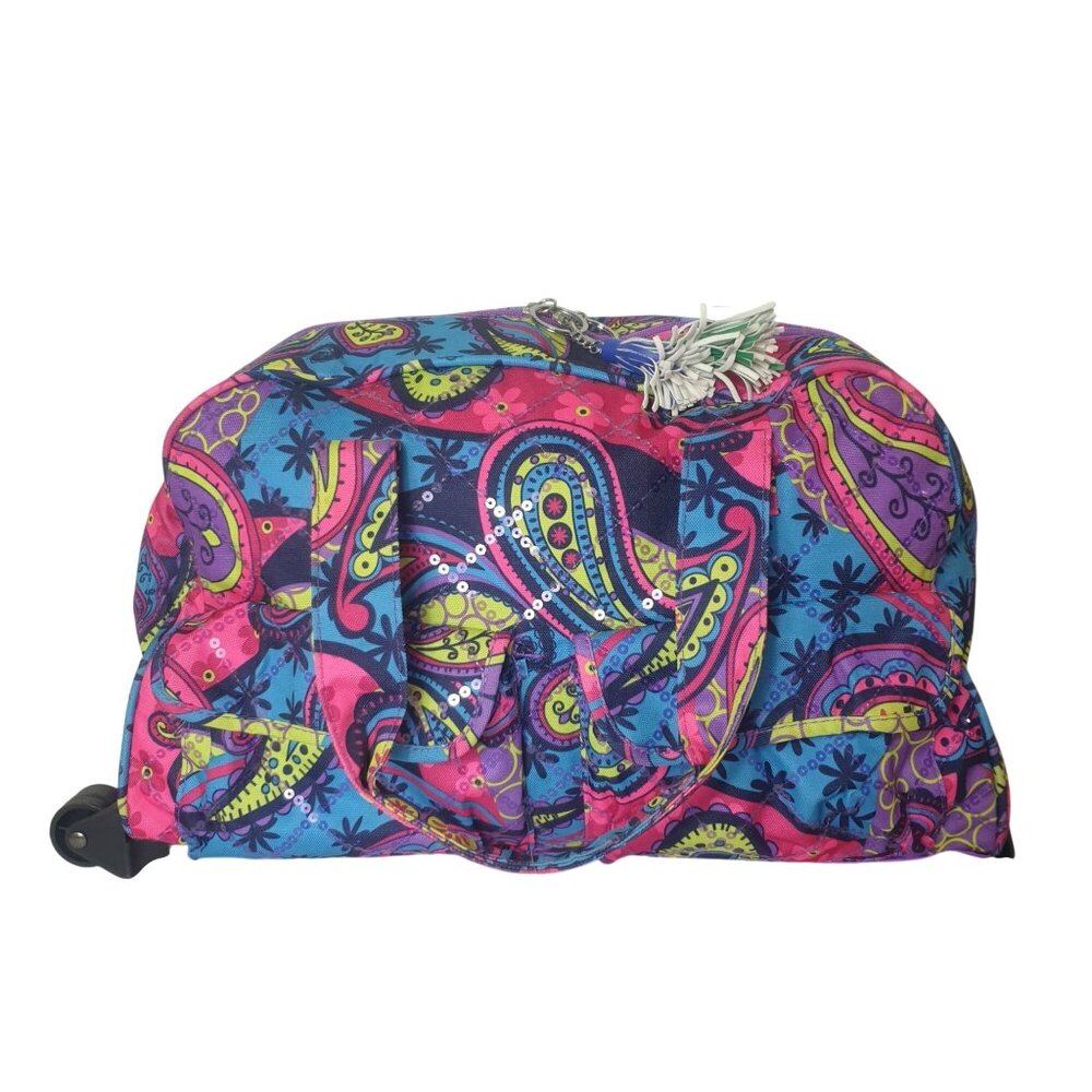 Justice Rolling Duffel Bag Retractable Handle Wheels Travel Purple Paisley Print